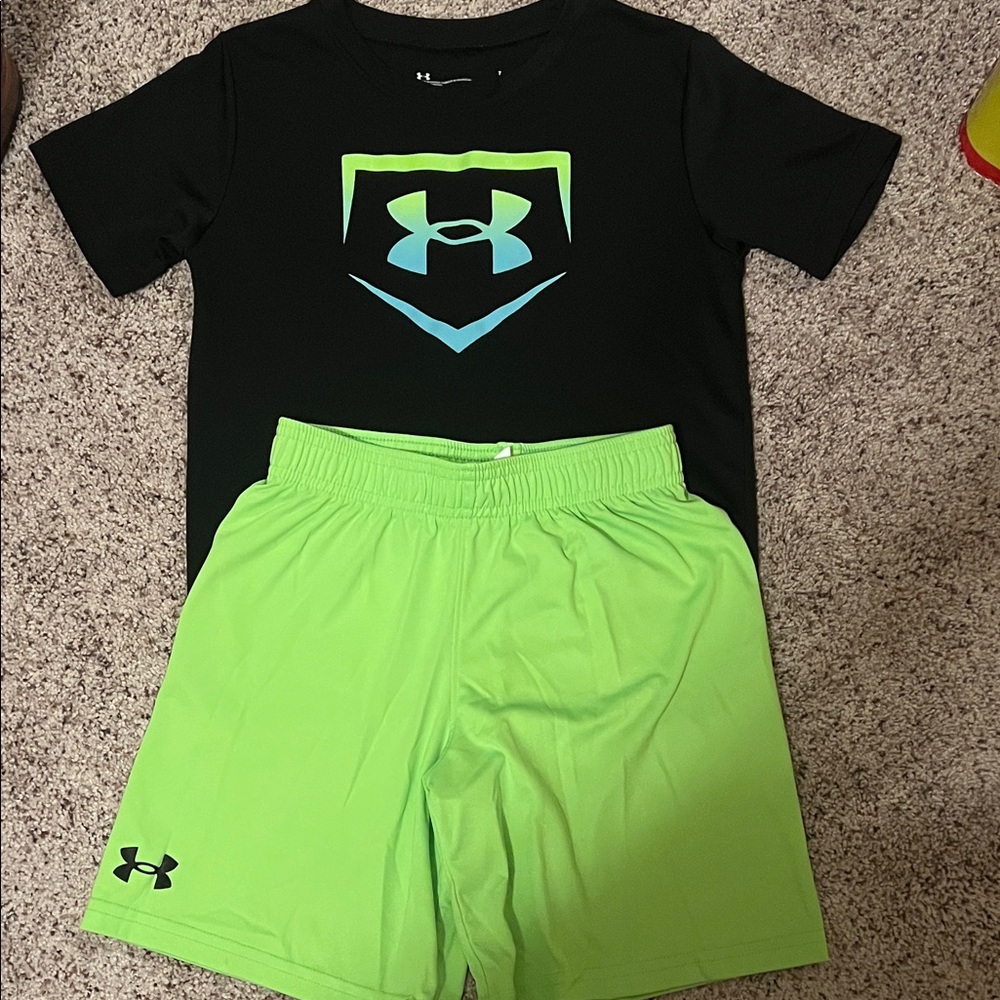 Under Armour Black Tee and Neon Green Shorts Set